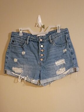 Kancan High-Waist Fly Button Distressed Denim Shorts